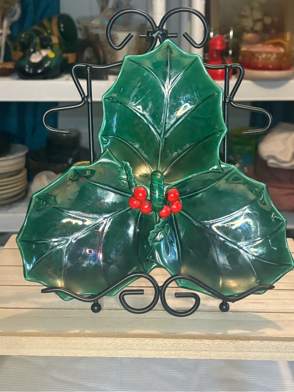 Vintage Holiday Holly Leaf Ceramic Serving Dish - Green with Red Berries